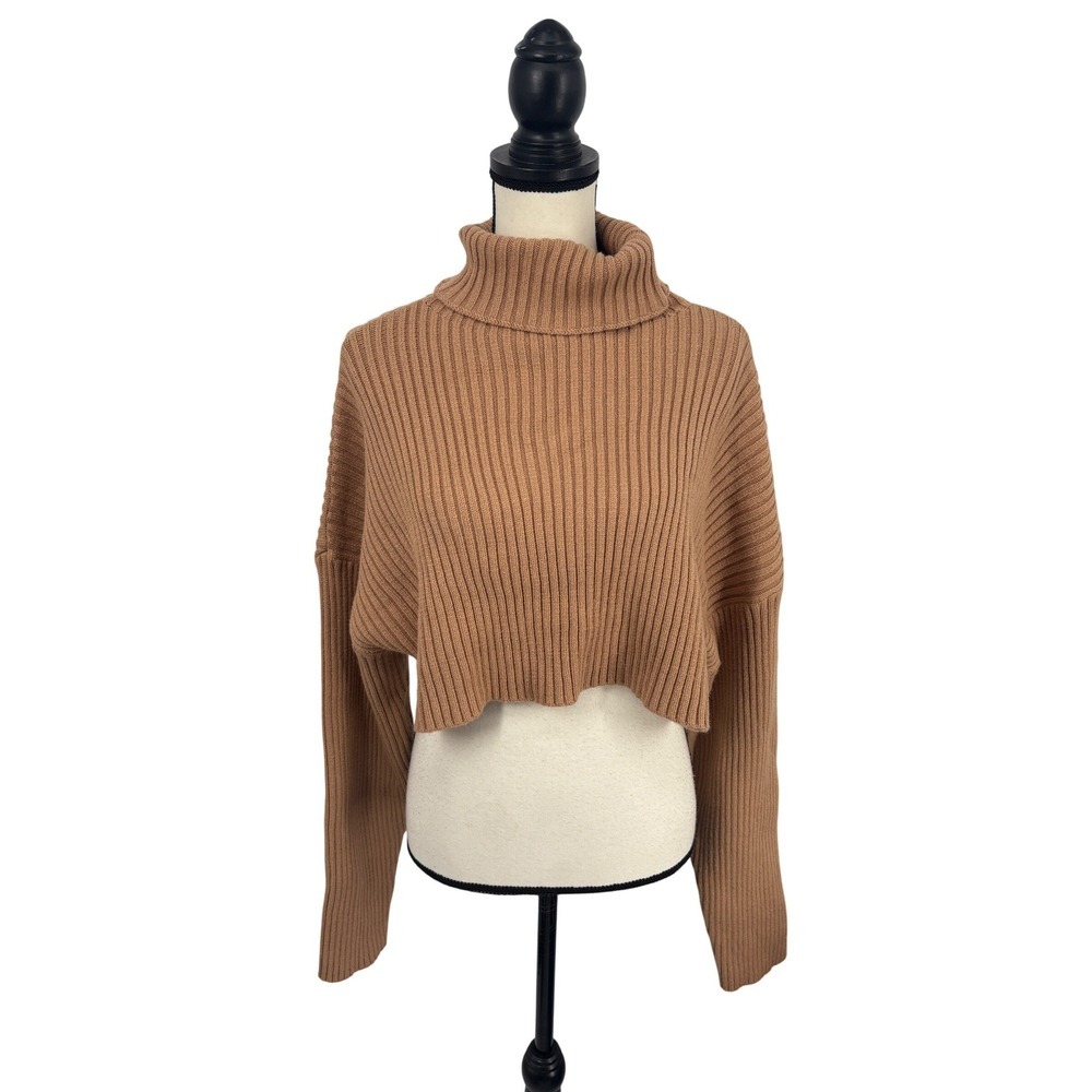 MIMOSA Womens Small Brown Ribbed Cropped Turtleneck Sweater Long‎ Sleeve Size S